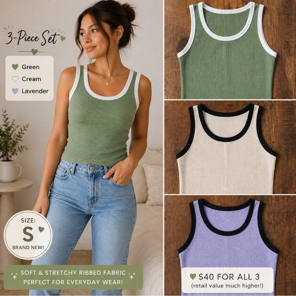 Ribbed Tank Top 3-Piece Set - Green, Cream & Lavender